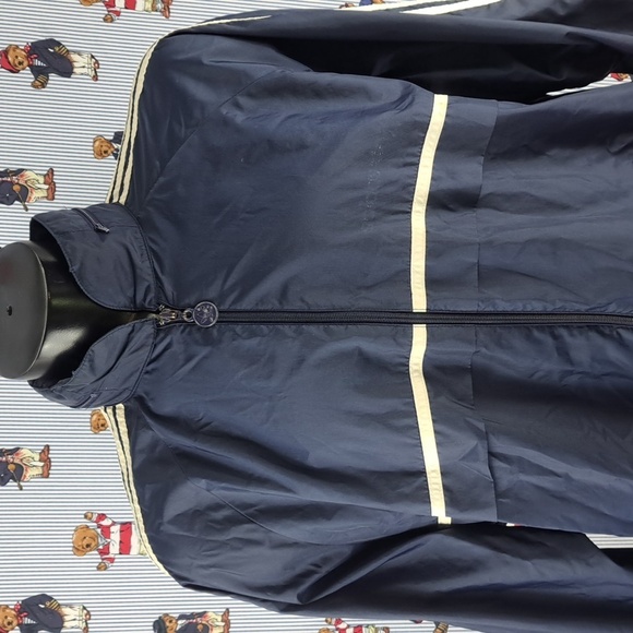 Vintage Adidas 3 stripe sleeve hooded navy & white XL windbreaker jacket - Picture 3 of 9